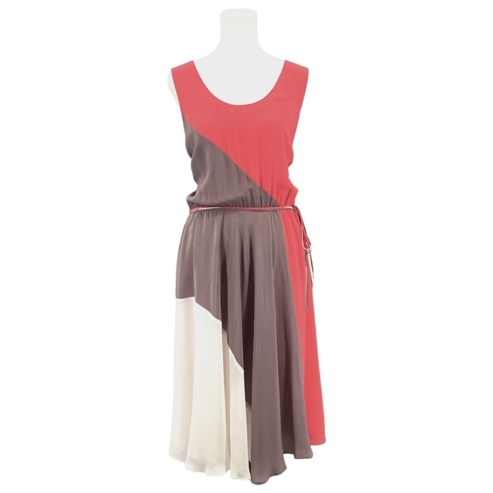 Caroll Colorblock Silk Dress, Coral/Taupe/Ivory, Size 42